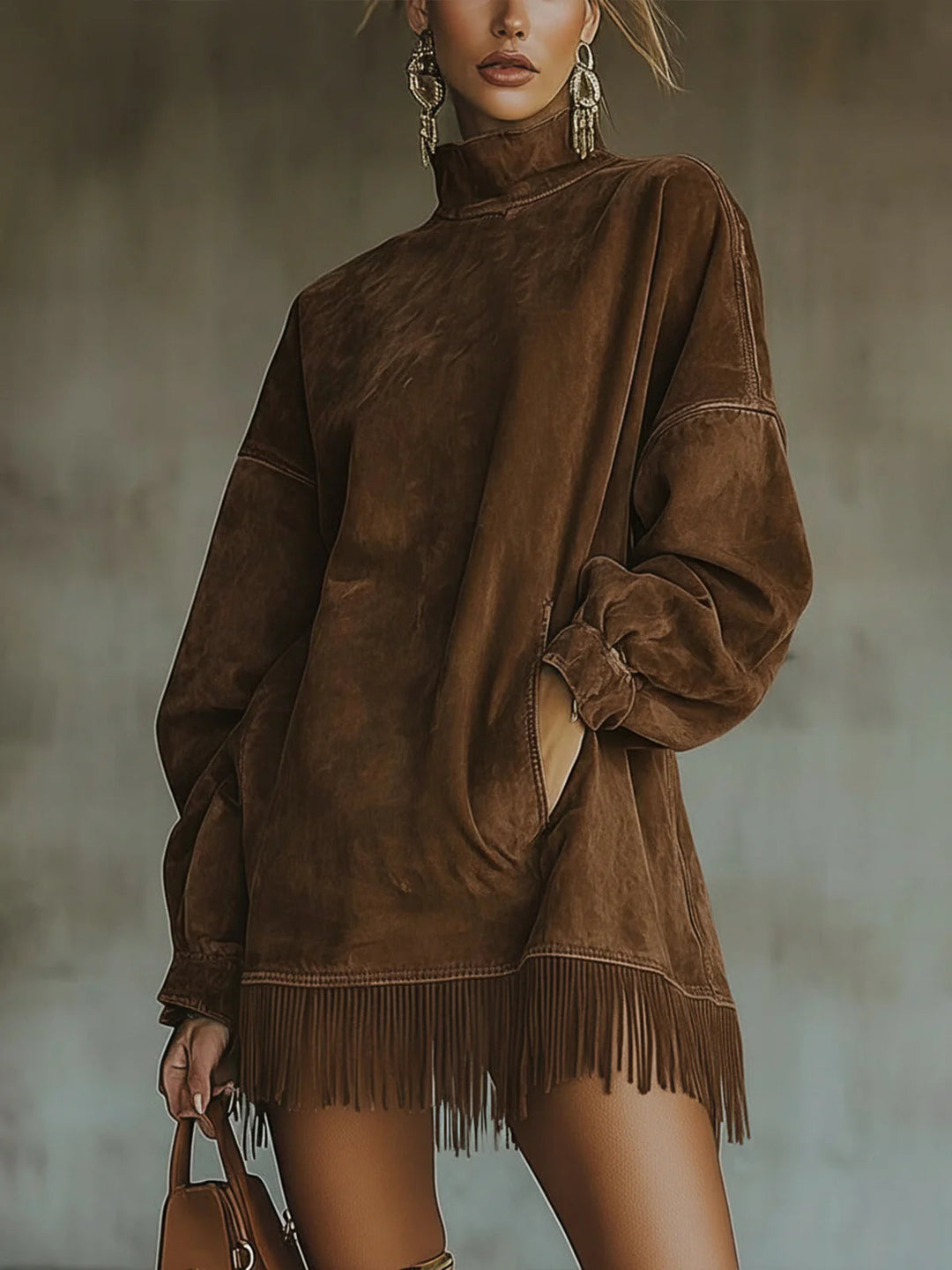 Suede Fringe Turtleneck Dress