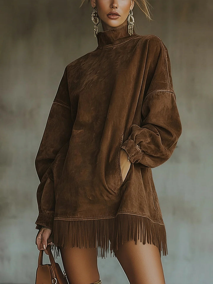 Suede Fringe Turtleneck Dress