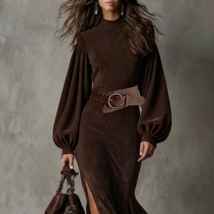 Vintage Lantern-Sleeve Midi Dress