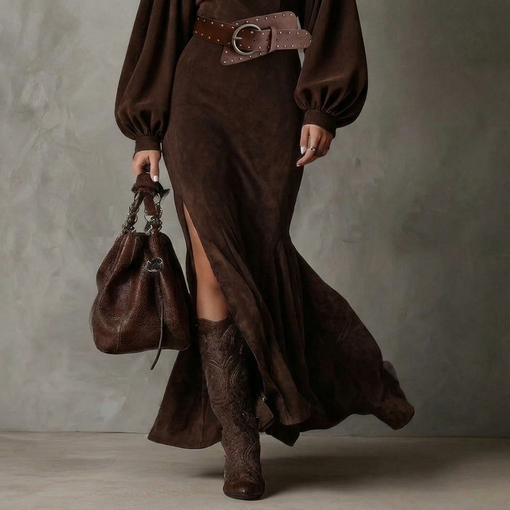 Vintage Lantern-Sleeve Midi Dress
