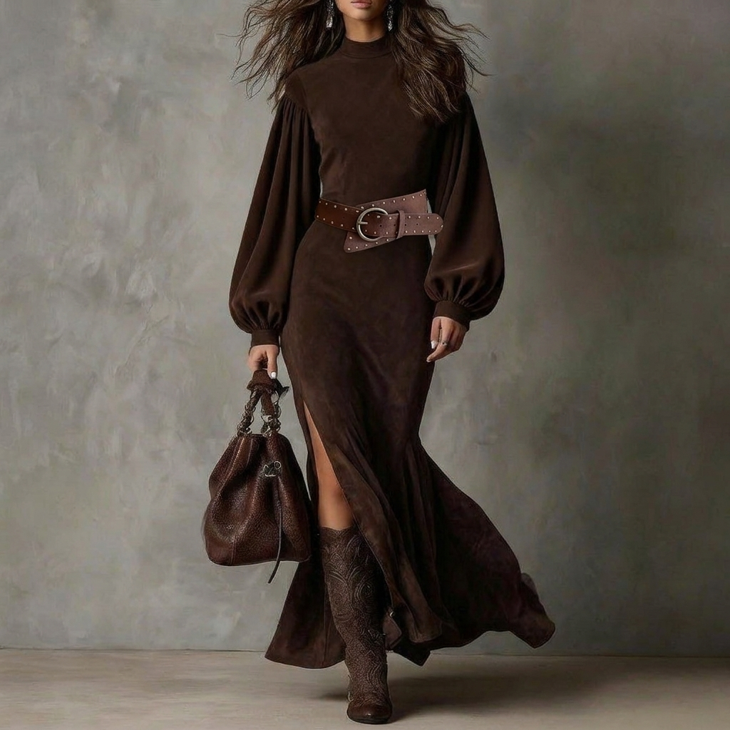 Vintage Lantern-Sleeve Midi Dress