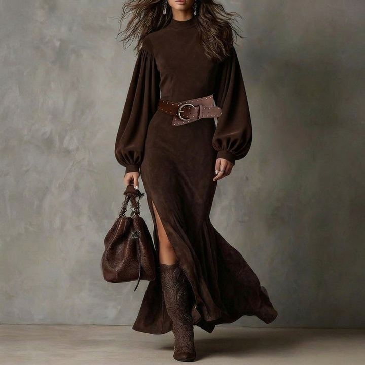Vintage Lantern-Sleeve Midi Dress