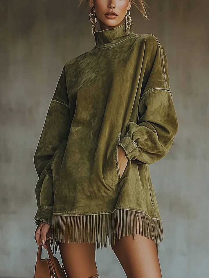 Suede Fringe Turtleneck Dress