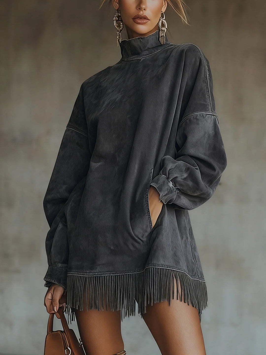 Suede Fringe Turtleneck Dress