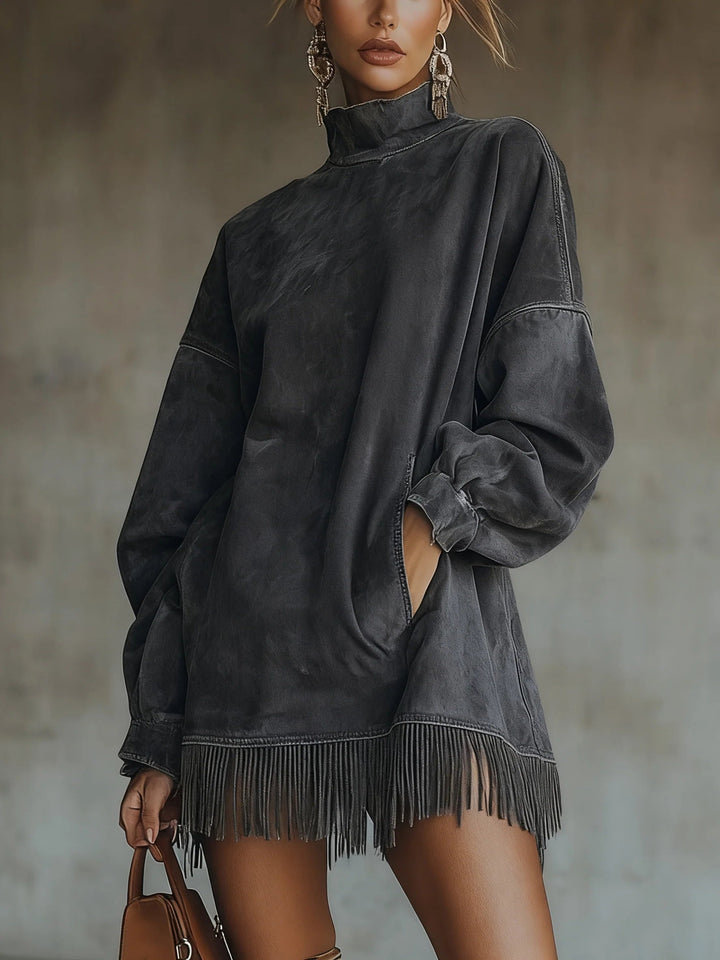 Suede Fringe Turtleneck Dress