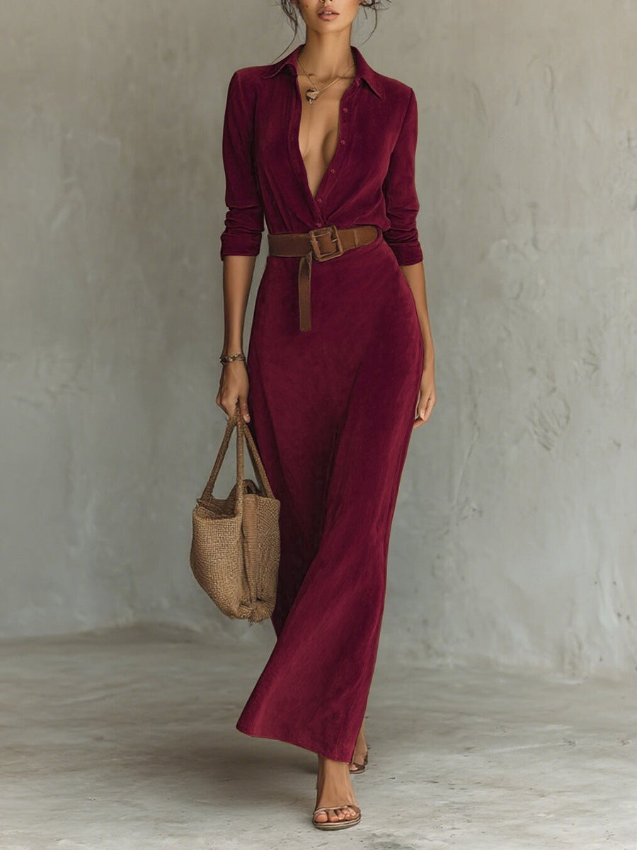 Deep-V Belted Maxi Dress