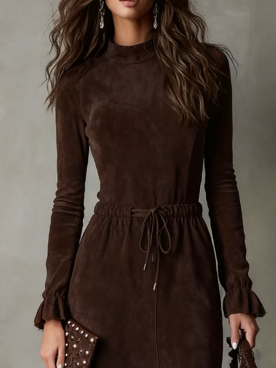 Suede Midi Dress with Tie Waist